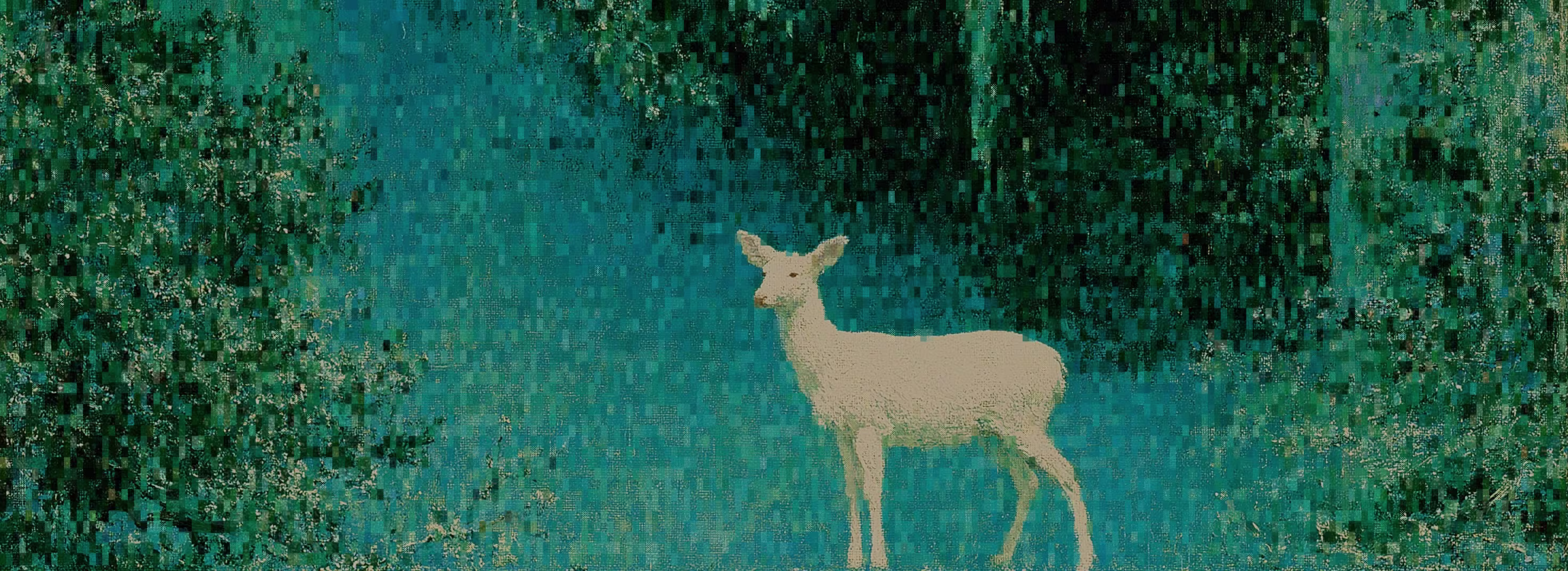 Suited figure facing a deep blue inlet ringed by rain-veiled buildings